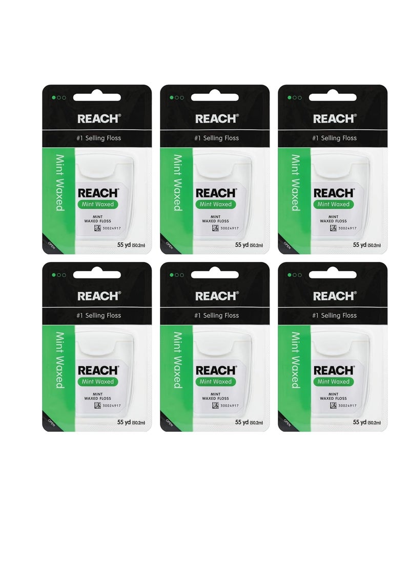 REACH Waxed Dental Floss, Mint, Plaque Remover for Teeth, Shred Resistant, Floss Slides Smoothly, Easy to Use, Waxed, Deep Cleaning Teeth, Oral Care, PFAS Free, for Adults & Kids, 6 Pack, 55 yd