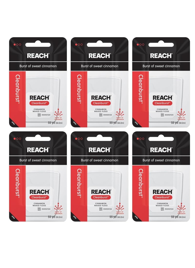 REACH Waxed Dental Floss, Cinnamon, Plaque Remover for Teeth, Shred Resistant, Floss Slides Smoothly, Easy to Use, Waxed, Deep Cleaning Teeth, Oral Care, PFAS Free, for Adults & Kids, 6 Pack, 55 yd