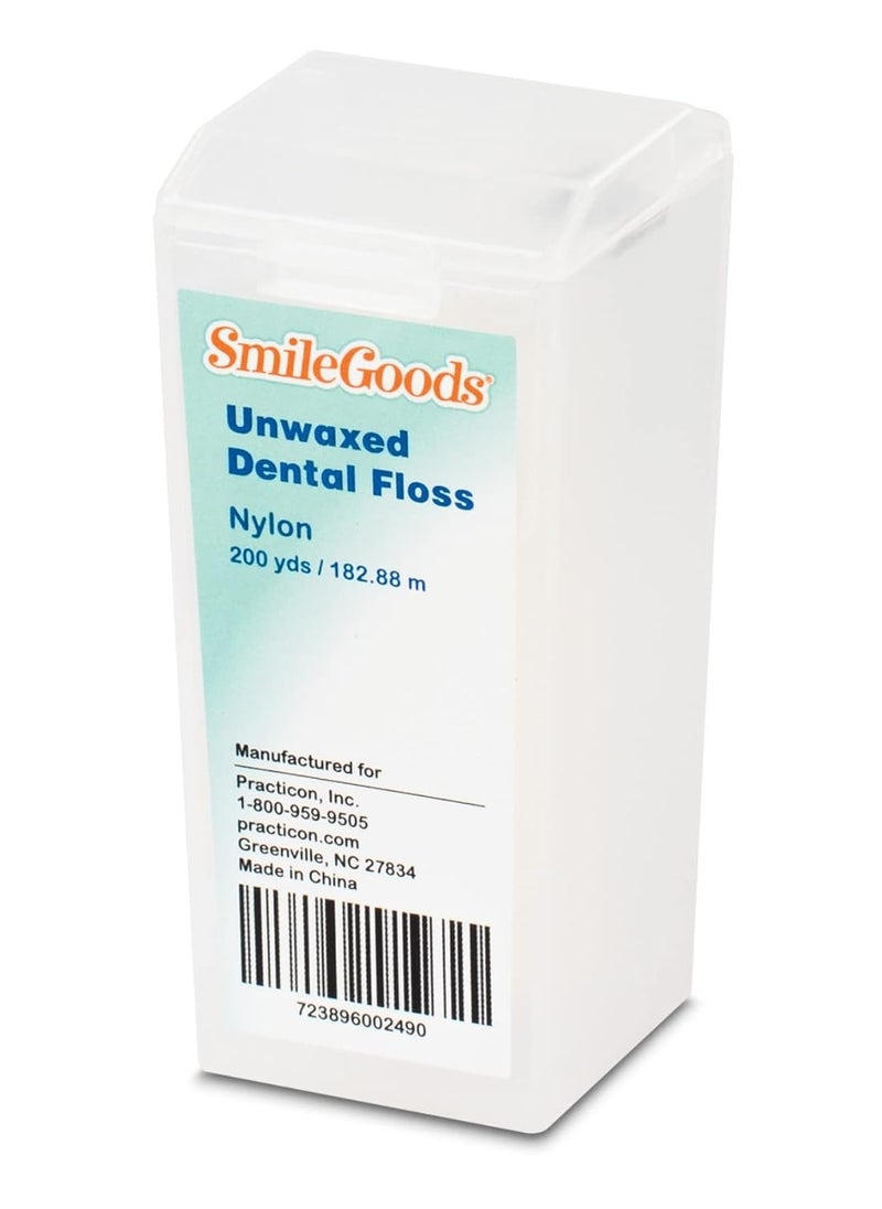 Practicon SmileGoods Unwaxed 200 Yard Dental Floss, Shred Resistant Nylon, Noncoated, Wax Less, Wax Free Floss, 1 Pack