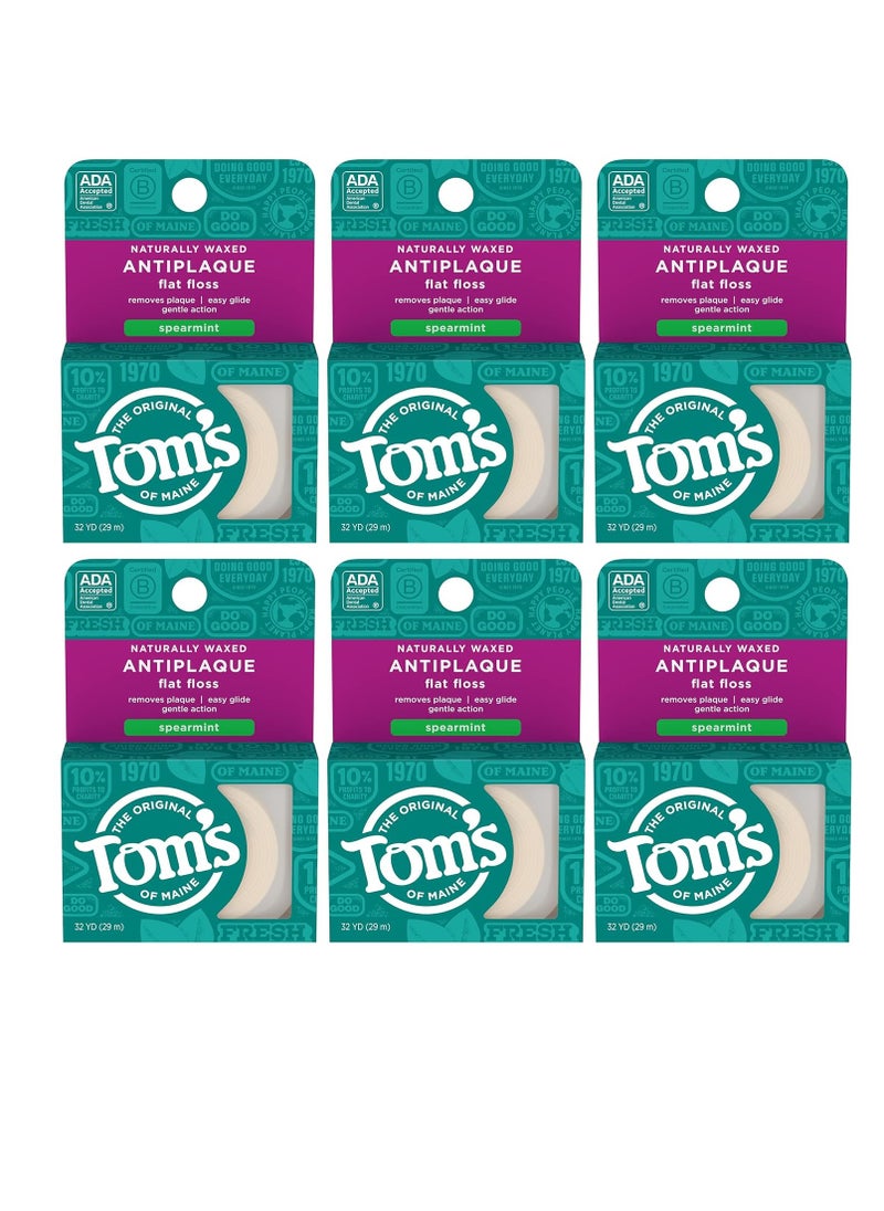 Tom's of Maine Naturally Waxed Antiplaque Flat Dental Floss, Spearmint, 32 Yards 6-Pack (Packaging May Vary)