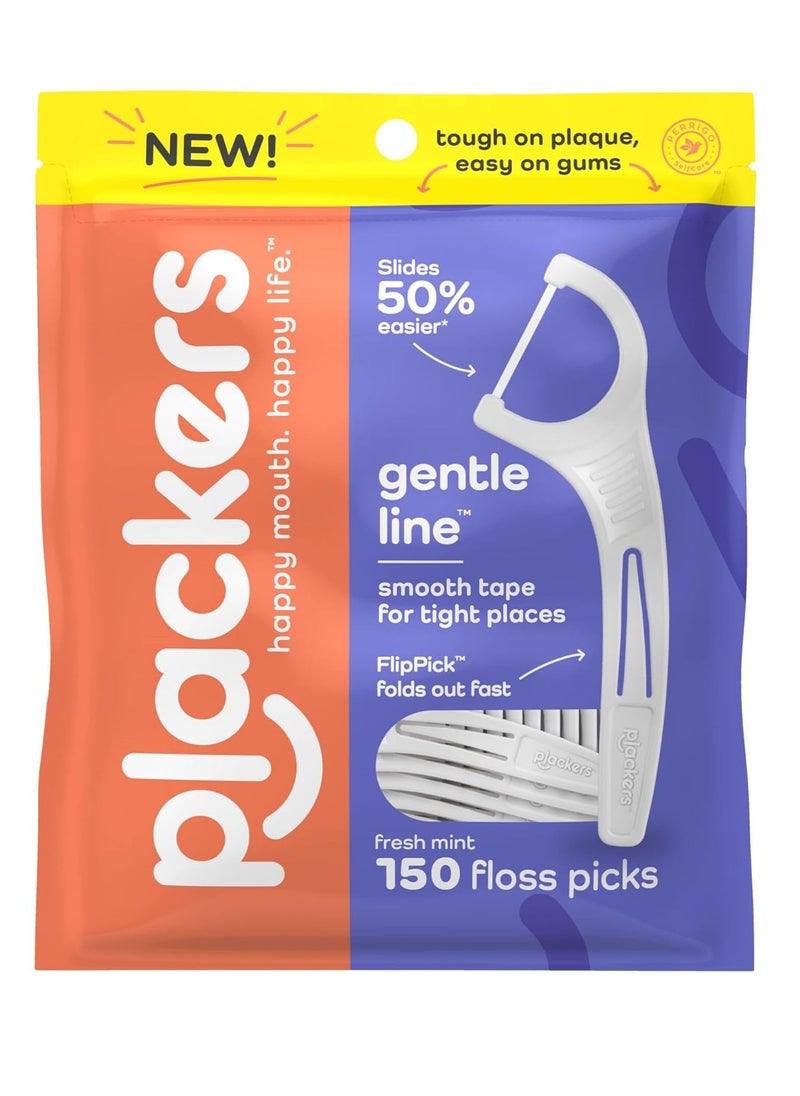 Plackers Gentle Line Floss Picks, Fresh Mint Flavor, Fold-Out FlipPick, QuickFix Grip, Easy Storage with Sure-Zip Seal, 150 Count