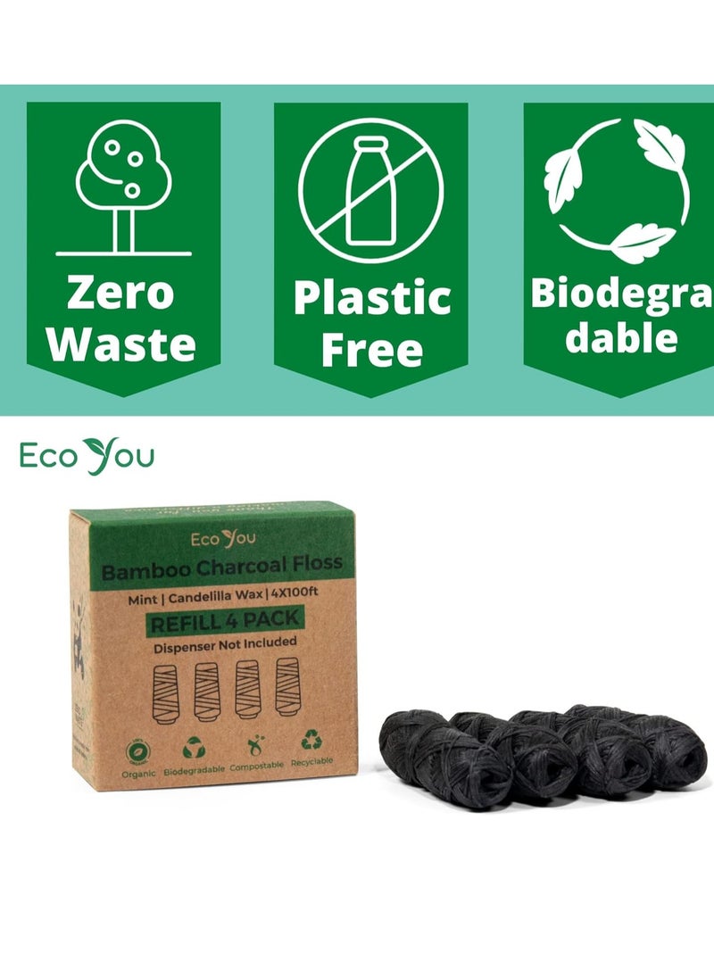 Bamboo Charcoal Dental Floss | Mint & Candelilla Wax | Vegan & Biodegradable (4 Refills Pack)