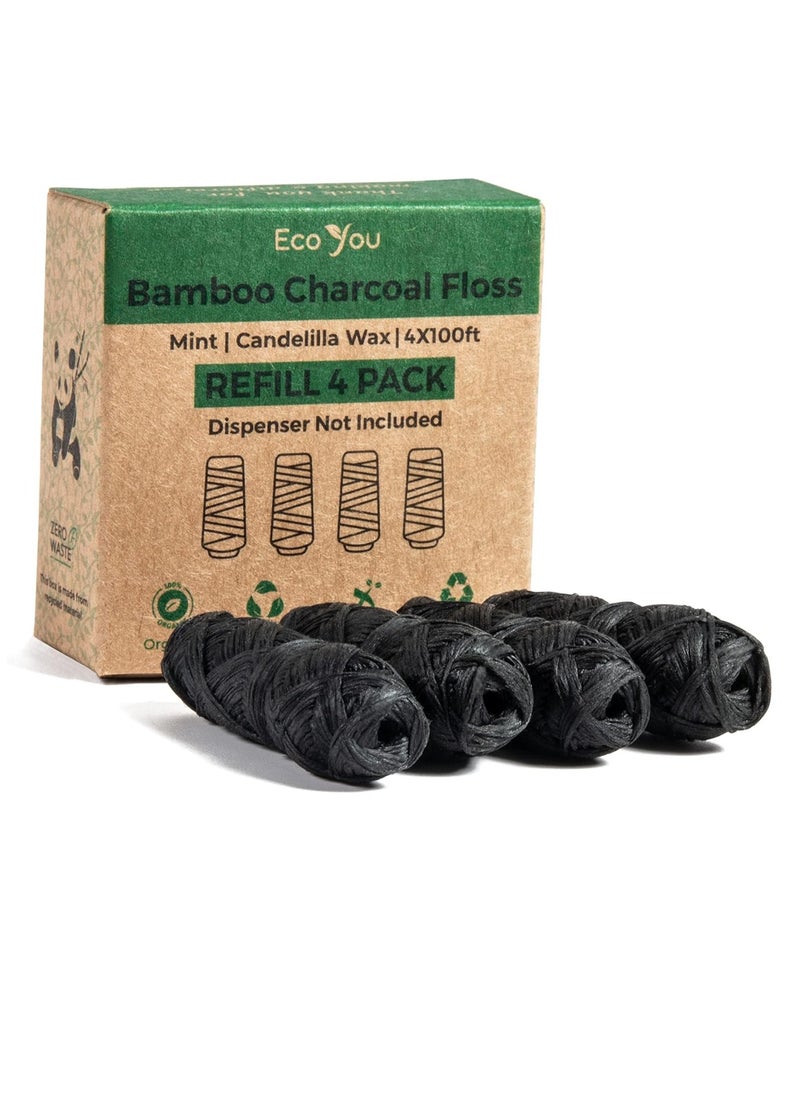 Bamboo Charcoal Dental Floss | Mint & Candelilla Wax | Vegan & Biodegradable (4 Refills Pack)