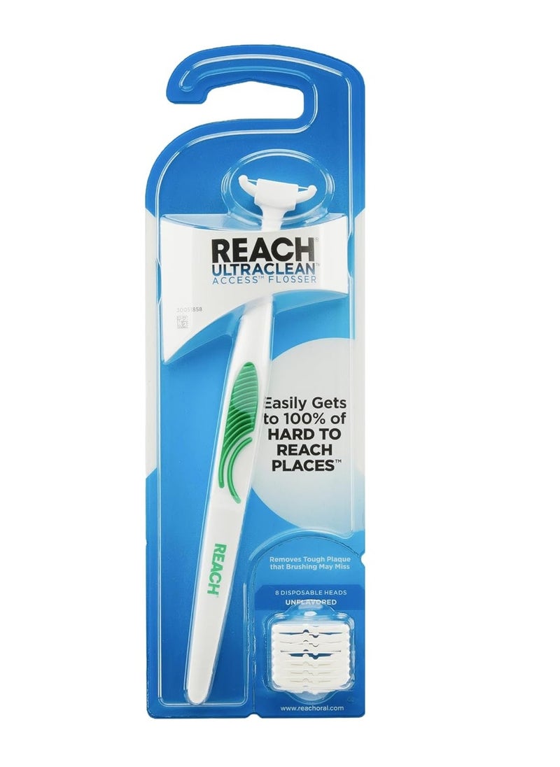 REACH Ultraclean Access Flosser Starter Kit, Unflavored, Plaque Remover for Teeth, for Hard to Reach Areas, Oral Care, PFAS Free, 1 Replaceable Flosser & 8 Refill Heads, 1 Pack