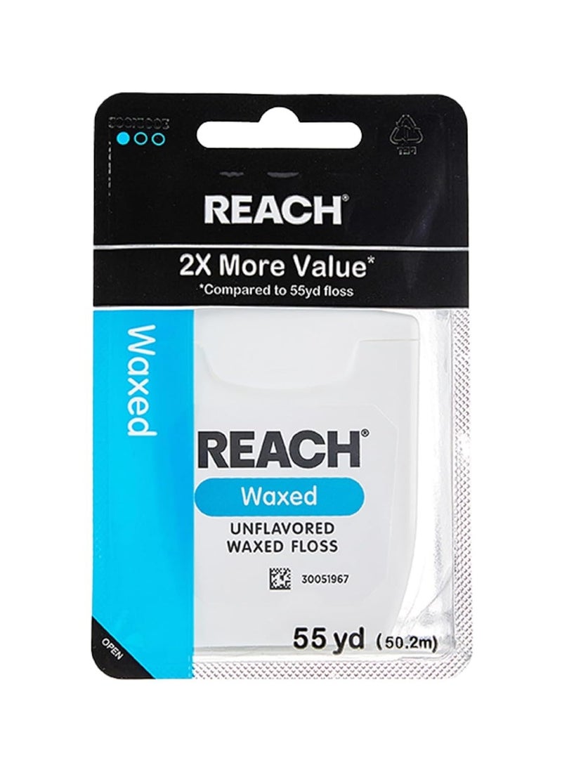 REACH Waxed Dental Floss,Unflavored, Plaque Remover for Teeth, Shred Resistant, Floss Slides Smoothly, Easy to Use, Waxed, Deep Cleaning Teeth, Oral Care, PFAS Free, for Adults & Kids, 1 Pack, 55 yd