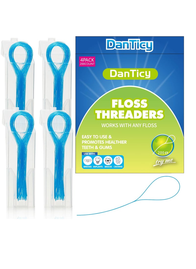 Floss Threaders, Deep Clean Dental Floss Threader for Braces, Bridges, and Implants 200PCS(4Pack),Blue