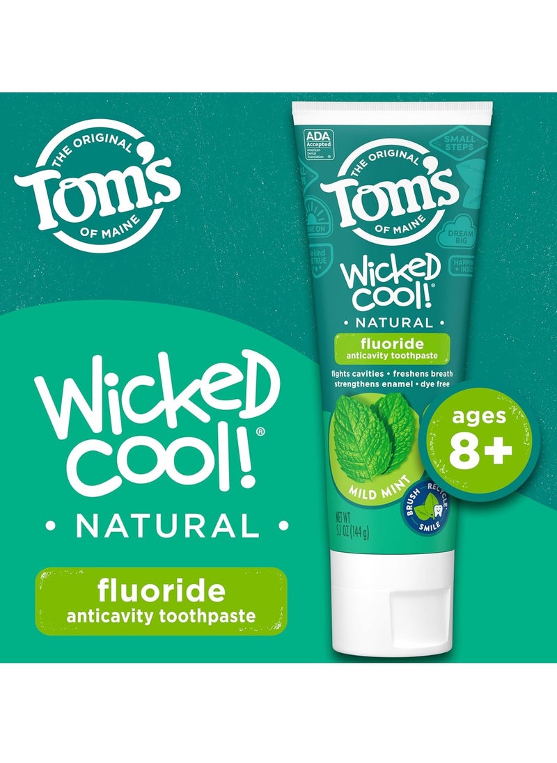 Tom's of Maine ADA Approved Wicked Cool! Fluoride Children's Toothpaste, Natural Toothpaste, Dye Free, No Artificial Preservatives, Mild Mint, 5.1 oz. 3-Pack (Packaging May Vary)