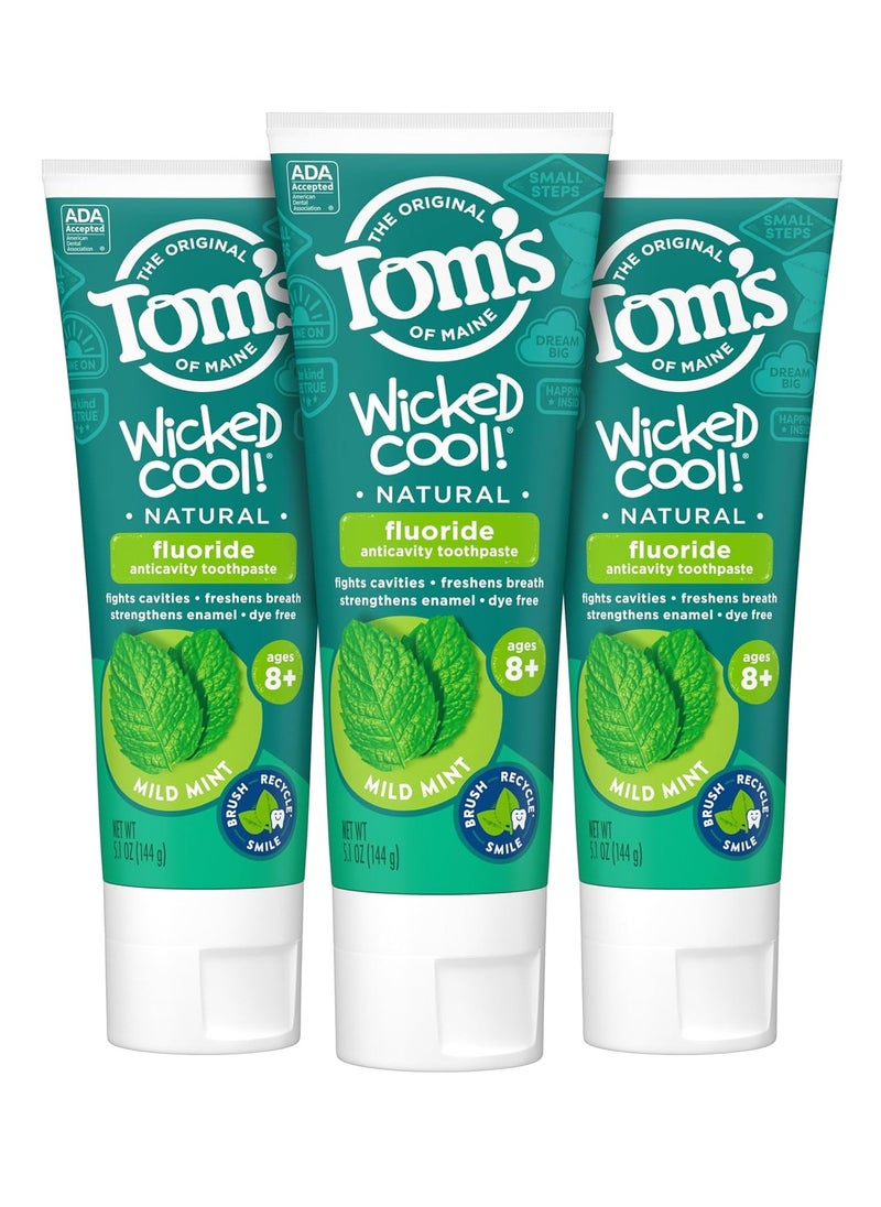 Tom's of Maine ADA Approved Wicked Cool! Fluoride Children's Toothpaste, Natural Toothpaste, Dye Free, No Artificial Preservatives, Mild Mint, 5.1 oz. 3-Pack (Packaging May Vary)