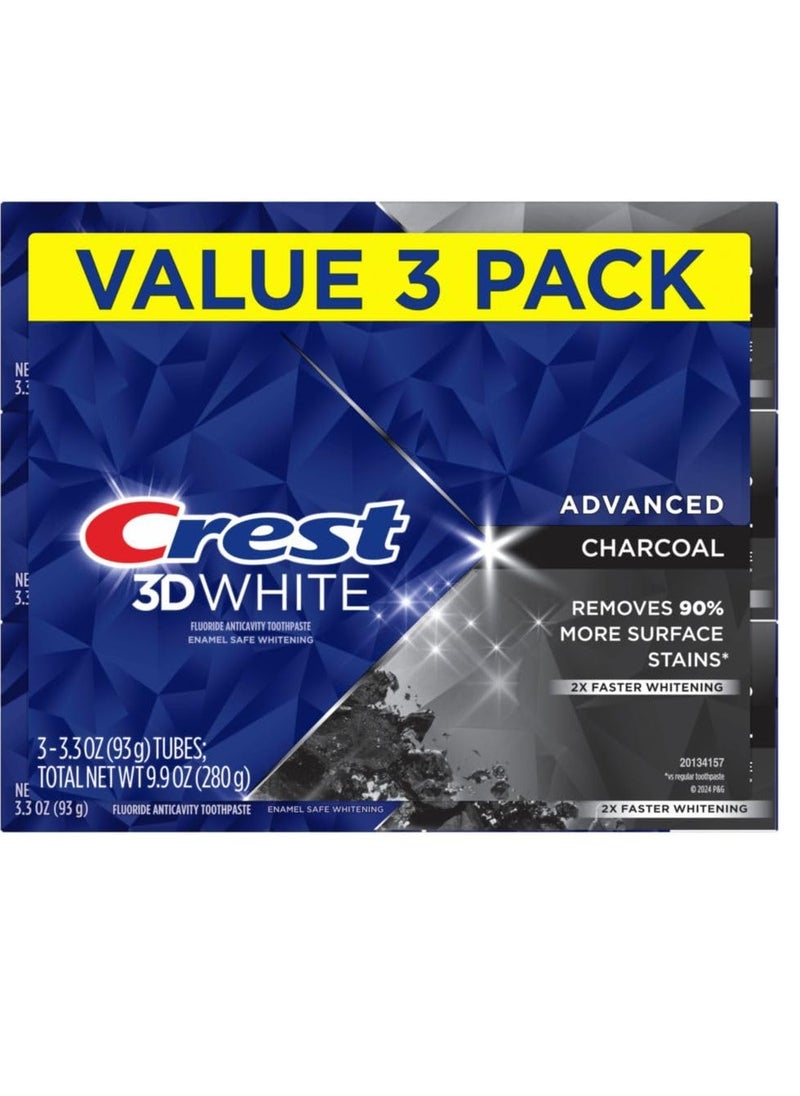 Crest 3D White Advanced Charcoal Teeth Whitening Toothpaste with Fluoride, 3.3 oz, Pack of 3