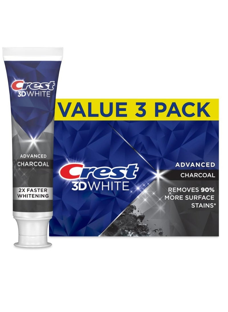 Crest 3D White Advanced Charcoal Teeth Whitening Toothpaste with Fluoride, 3.3 oz, Pack of 3