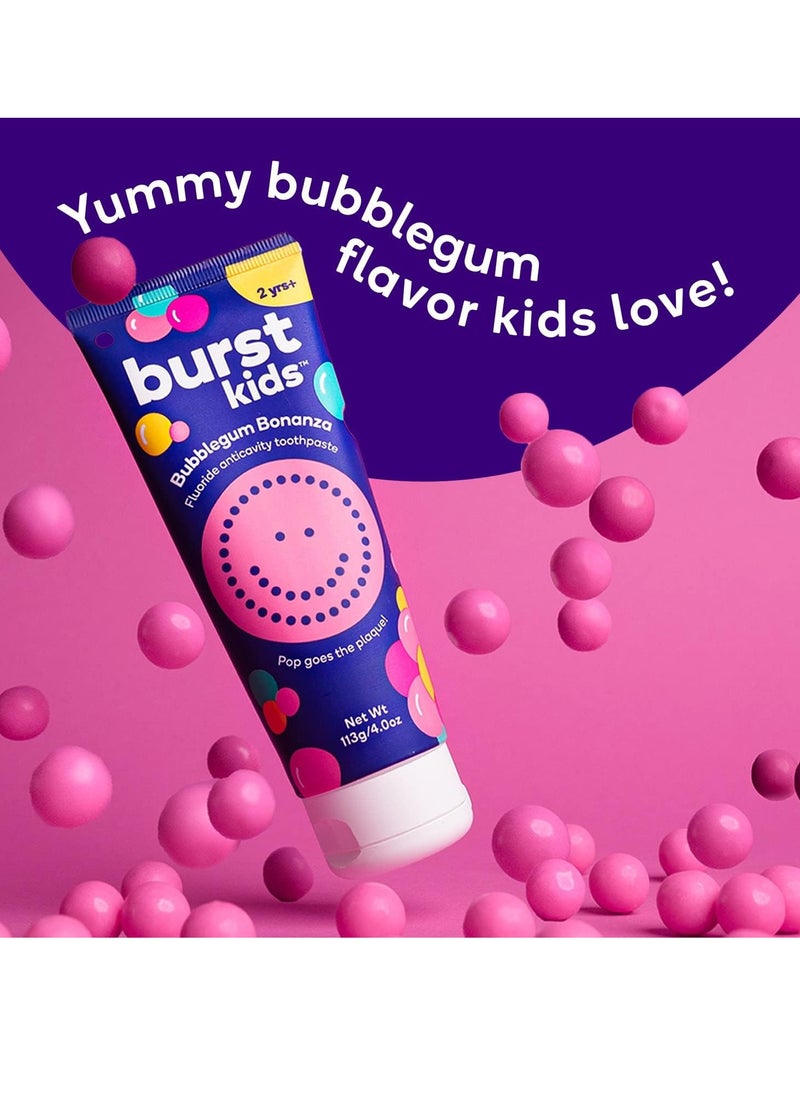 BURSTkids Bubblegum Bonanza Kids Toothpaste with Fluoride - Great Tasting Flavored Childrens & Toddler Toothpaste - Anticavity, Dye Free, Vegan, Safe Toothpaste for Kids Ages 2+ - 4oz