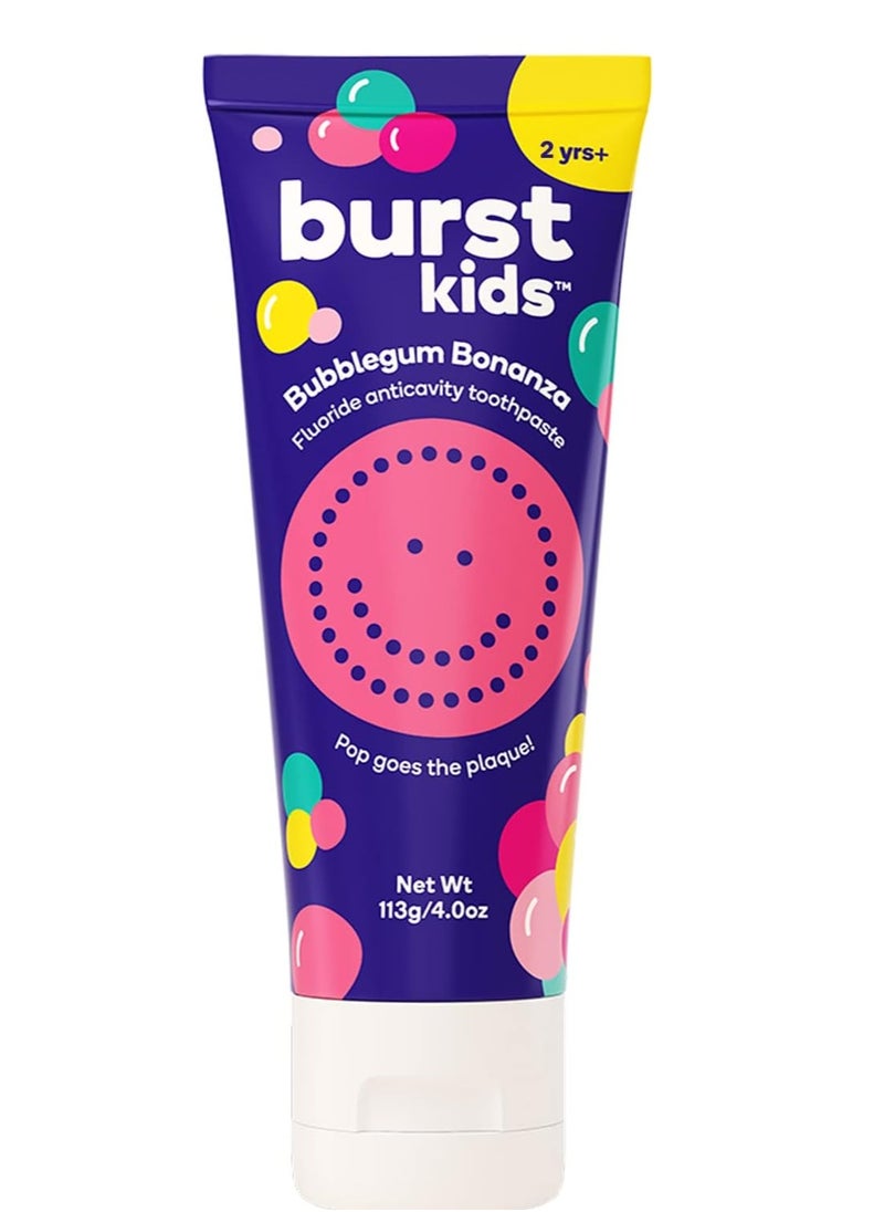 BURSTkids Bubblegum Bonanza Kids Toothpaste with Fluoride - Great Tasting Flavored Childrens & Toddler Toothpaste - Anticavity, Dye Free, Vegan, Safe Toothpaste for Kids Ages 2+ - 4oz