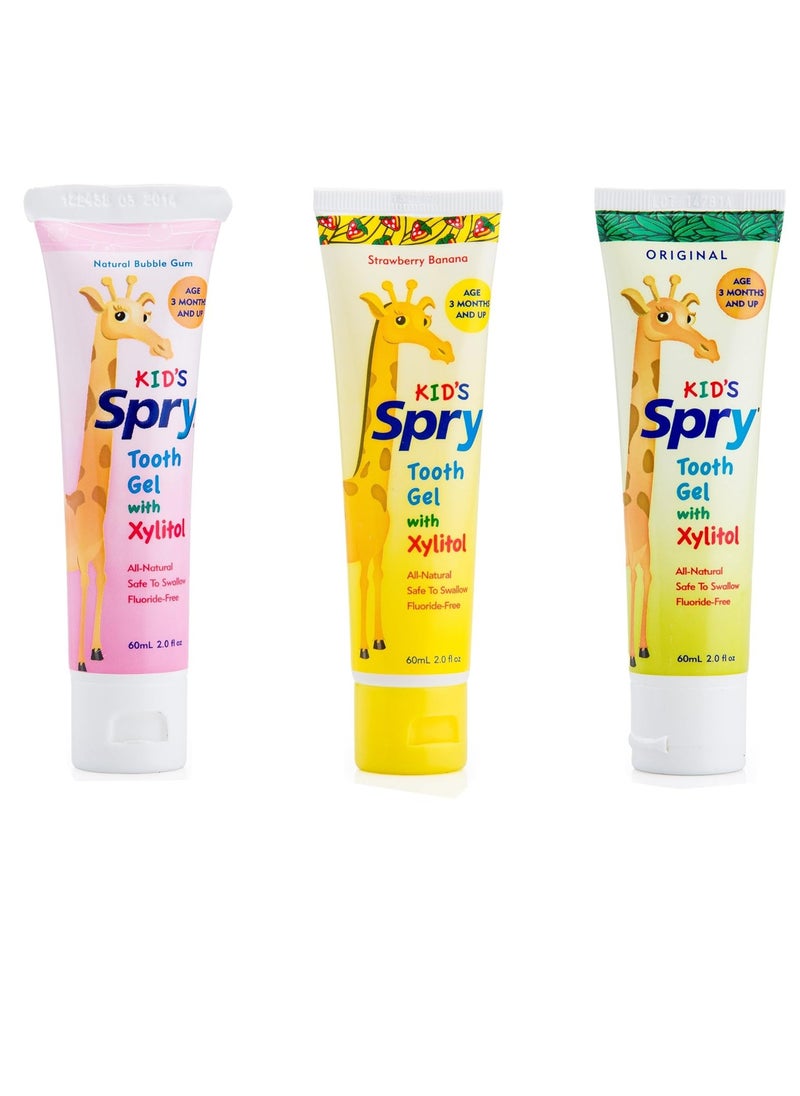 Spry Xylitol Baby Toothpaste, Natural Toddler Toothpaste, Fluoride Free Toothpaste, Xylitol Toothpaste for Kids Age 3 Months and Up, Strawberry Banana, Bubblegum, Original, 2 Fl Oz (Pack of 3)