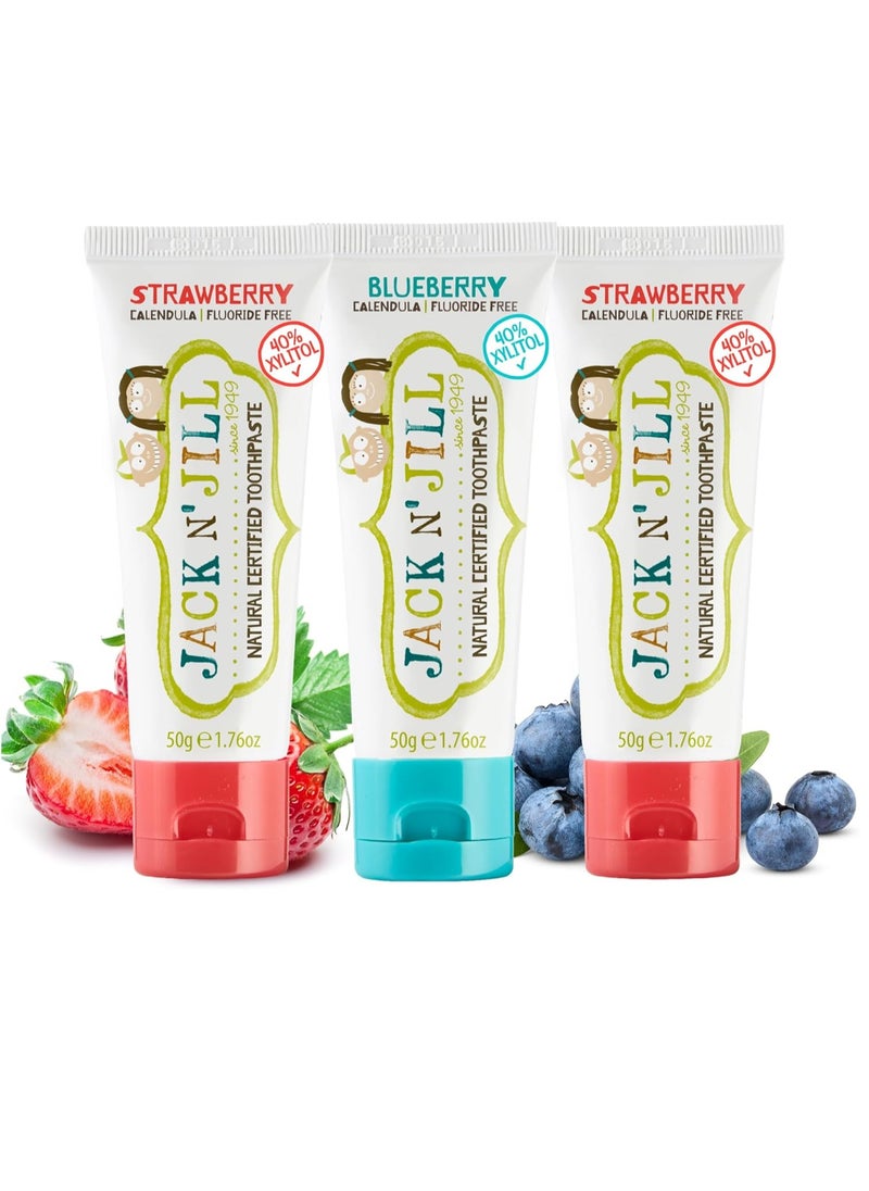 Jack N' Jill Natural Toddler Toothpaste for Baby, Kids and Infants 6 Months & Up, Fluoride Free Training Toothpaste for Toddlers 1-3, 40% Xylitol, BPA Free - Strawberry & Blueberry, 1.76 oz (3 Pack)