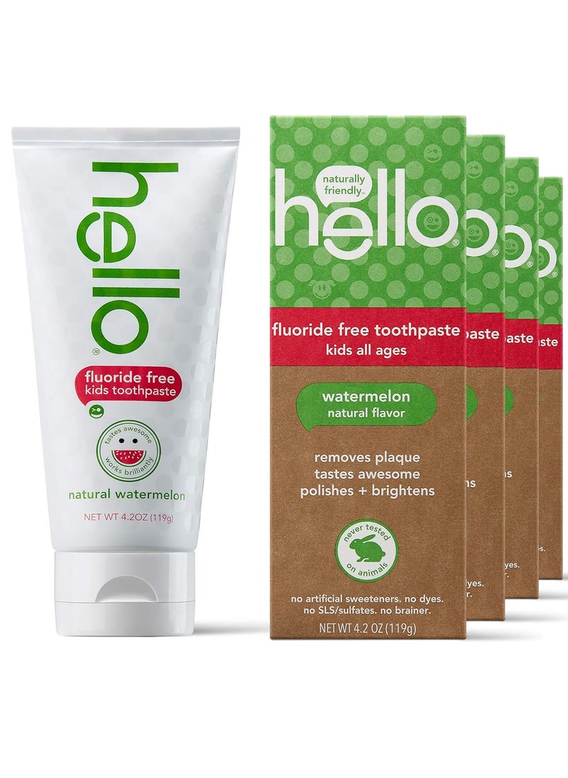 Hello Natural Watermelon Flavor Kids Fluoride Free Toothpaste, Vegan, SLS Free, Gluten Free, Safe to Swallow for Baby and Toddlers, 4.2 Ounce (Pack of 4)