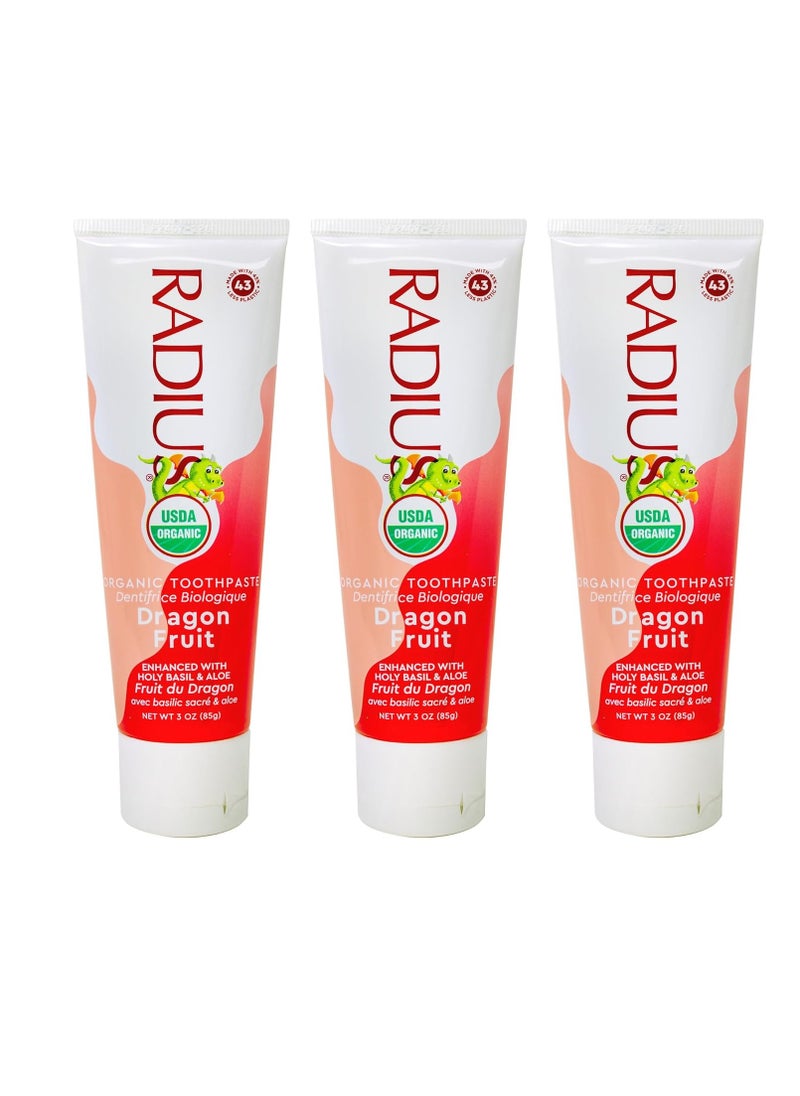 RADIUS USDA Organic Kids Toothpaste 3oz Non Toxic Chemical-Free Gluten-Free Designed to Improve Gum Health for Children's 6 Months and Up - Dragon Fruit - Pack of 3