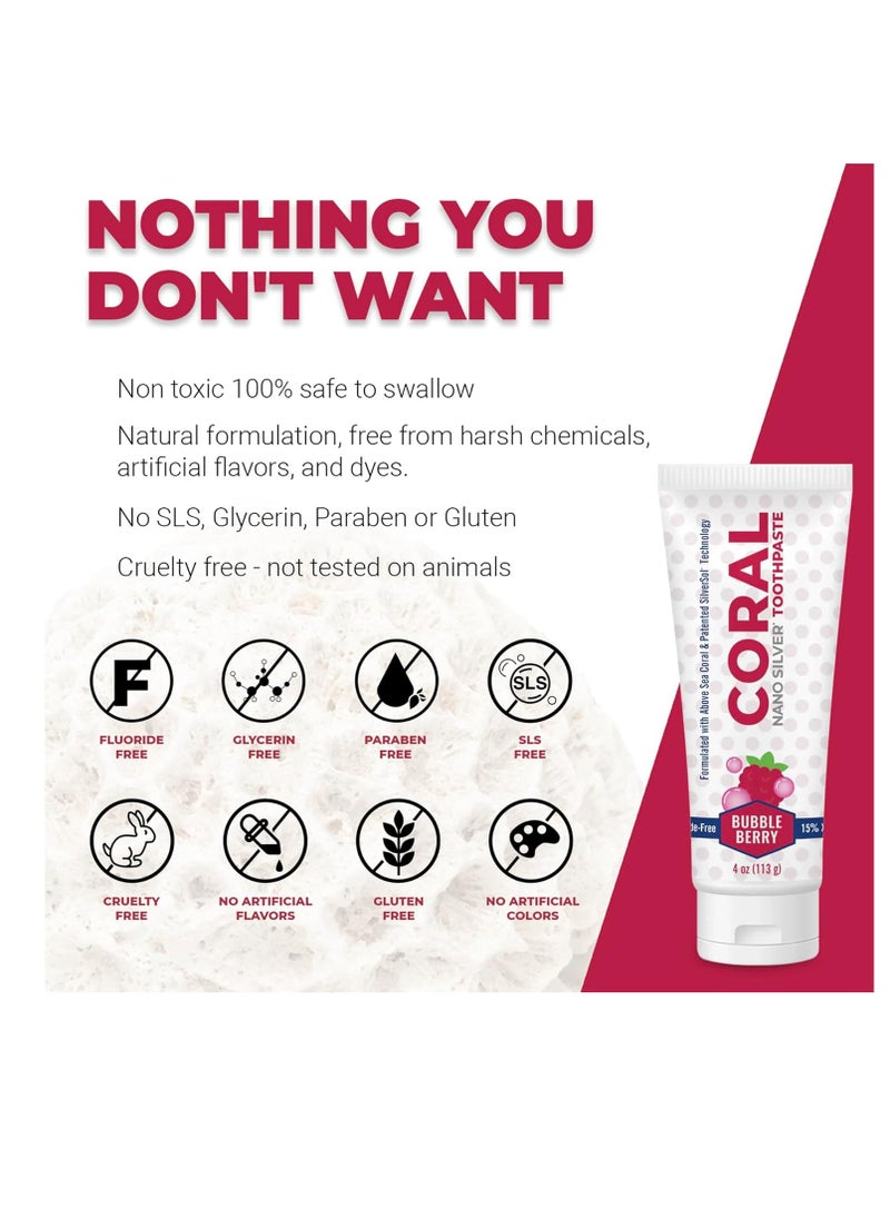 Coral Nano Silver Bubble Berry Kids Toothpaste, Natural Fluoride Free Teeth Whitening Toothpaste, Coral Calcium Nano Silver Infused SLS Free - 4 Ounces