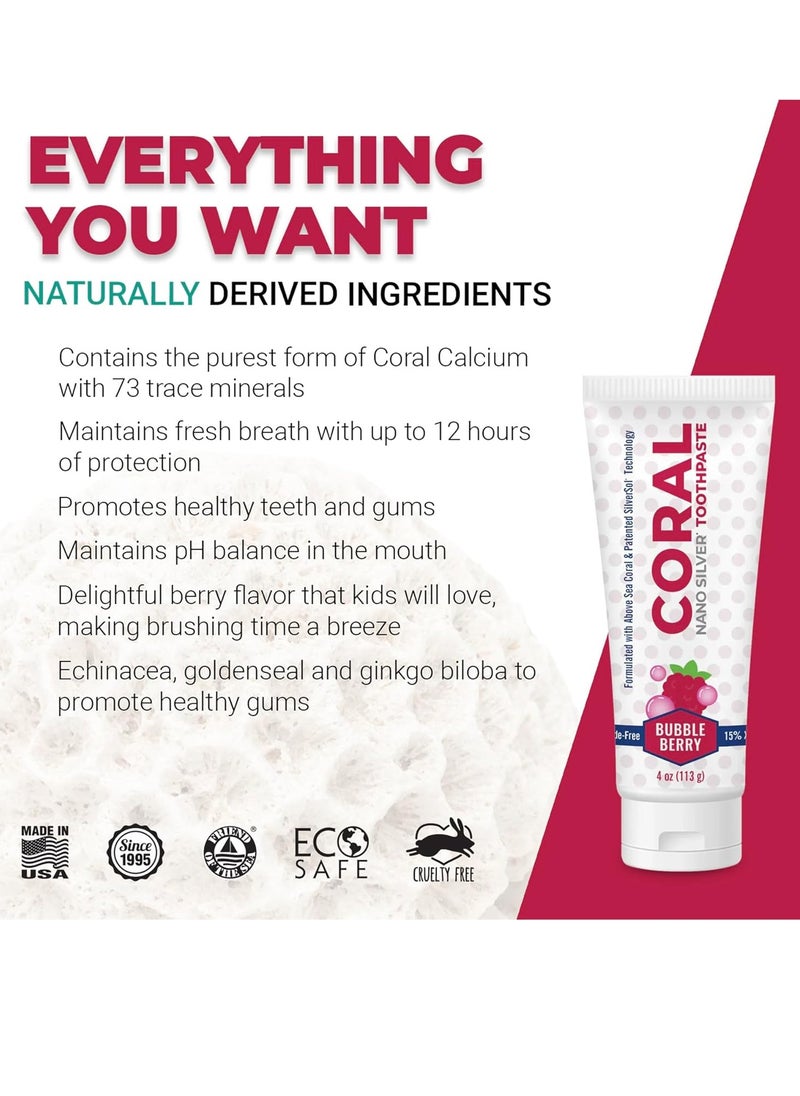 Coral Nano Silver Bubble Berry Kids Toothpaste, Natural Fluoride Free Teeth Whitening Toothpaste, Coral Calcium Nano Silver Infused SLS Free - 4 Ounces