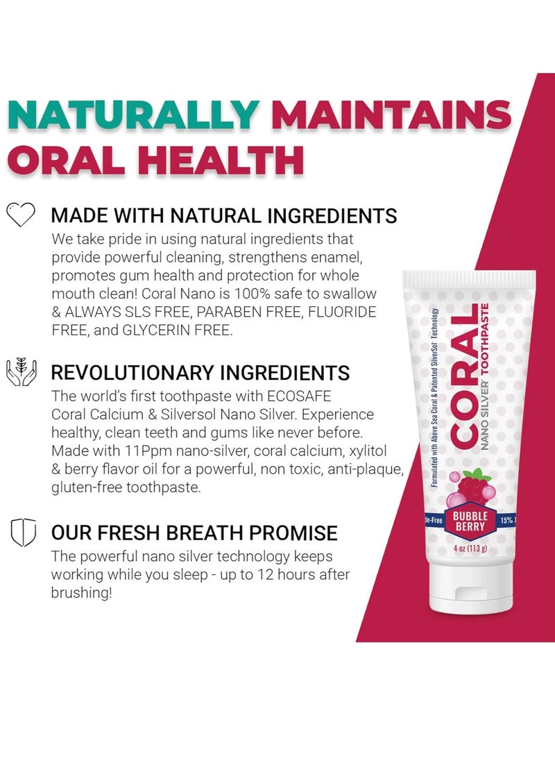 Coral Nano Silver Bubble Berry Kids Toothpaste, Natural Fluoride Free Teeth Whitening Toothpaste, Coral Calcium Nano Silver Infused SLS Free - 4 Ounces