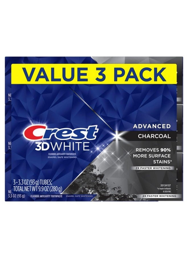 3D White Advanced Charcoal Teeth Whitening Toothpaste With Fluoride, 3.3 Oz, Pack Of 3