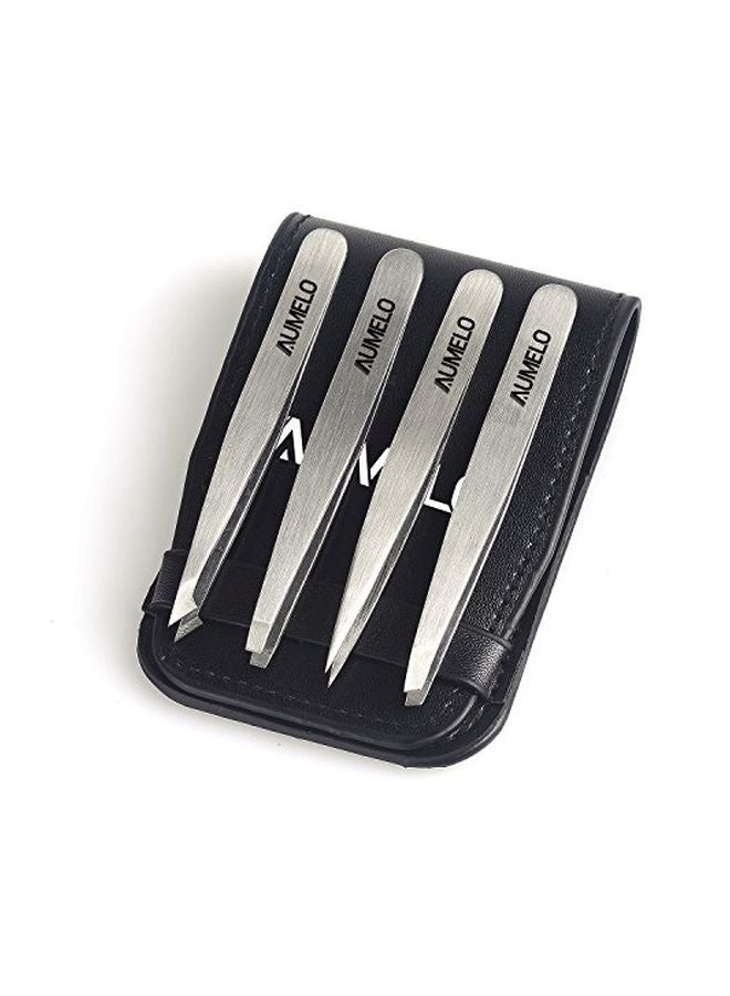 4-Piece Professional Stainless Steel Tweezer Silver