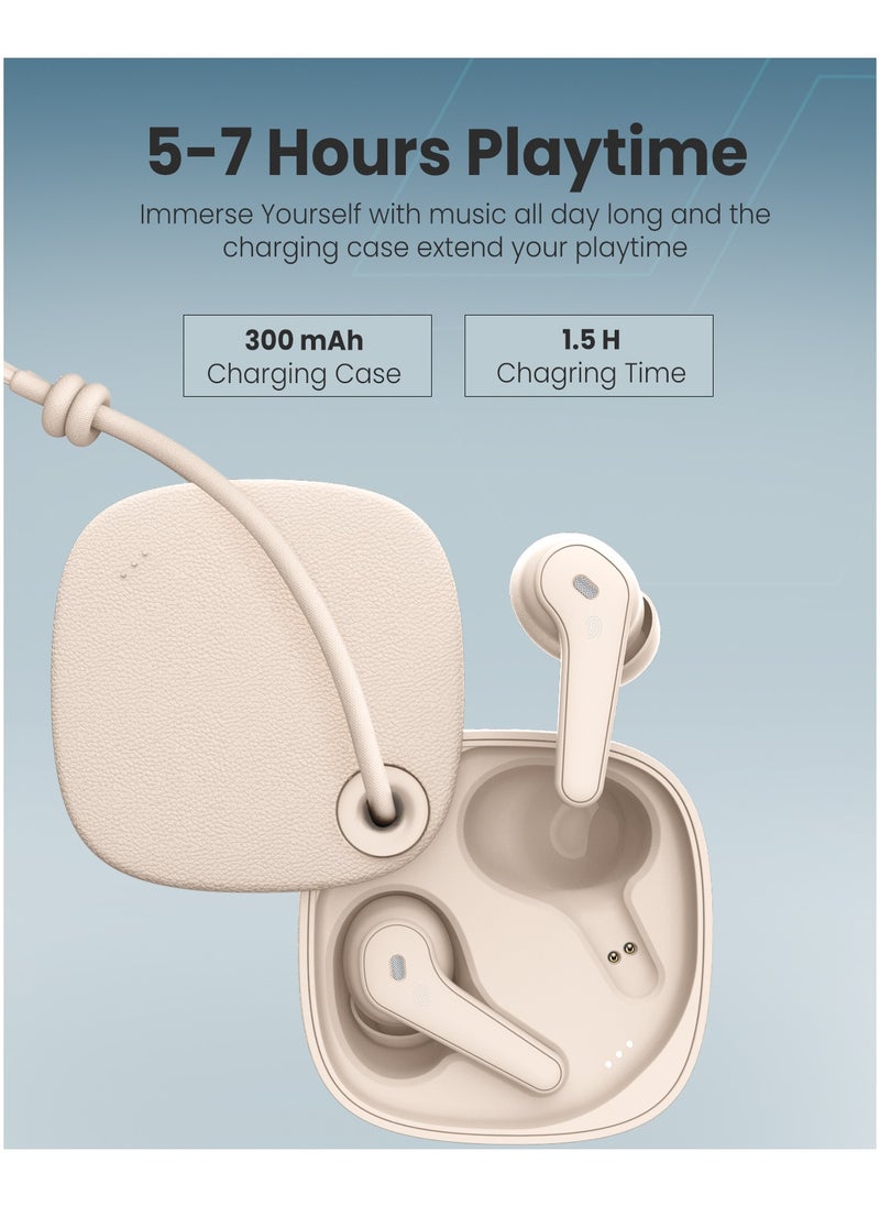 Moxedo True Wireless Earbuds S4 Bluetooth 5.4 ENC Technology 7 Hours Playing Time Touch Control 300 mAh Charging Case with Built-in 4 Powerful Microphones (Beige)