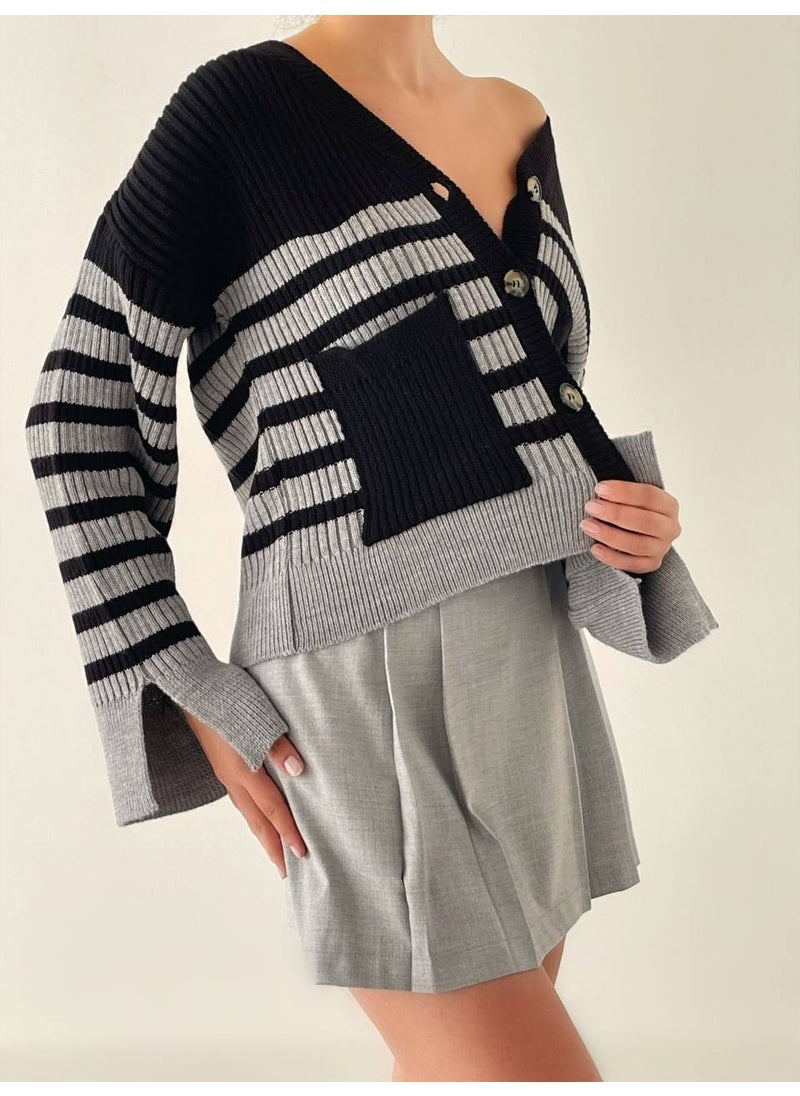 Striped Knitted Cardigan - Pocket and Sleeve Detail