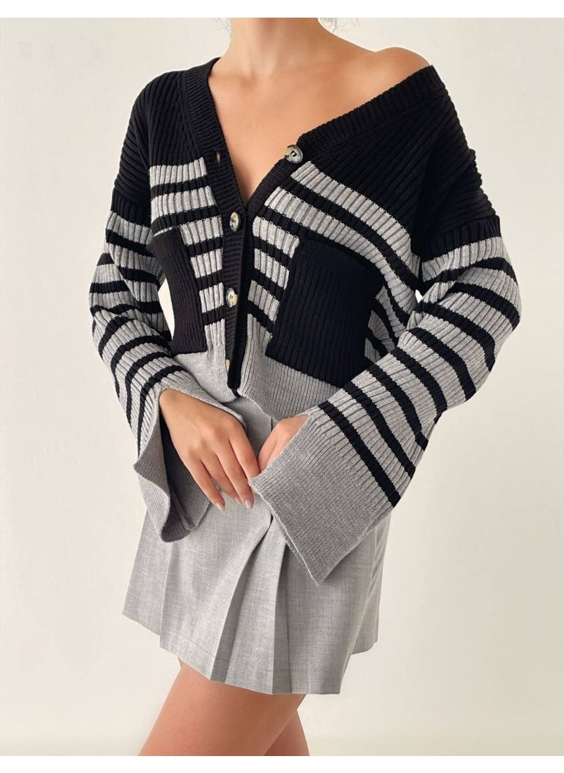 Striped Knitted Cardigan - Pocket and Sleeve Detail