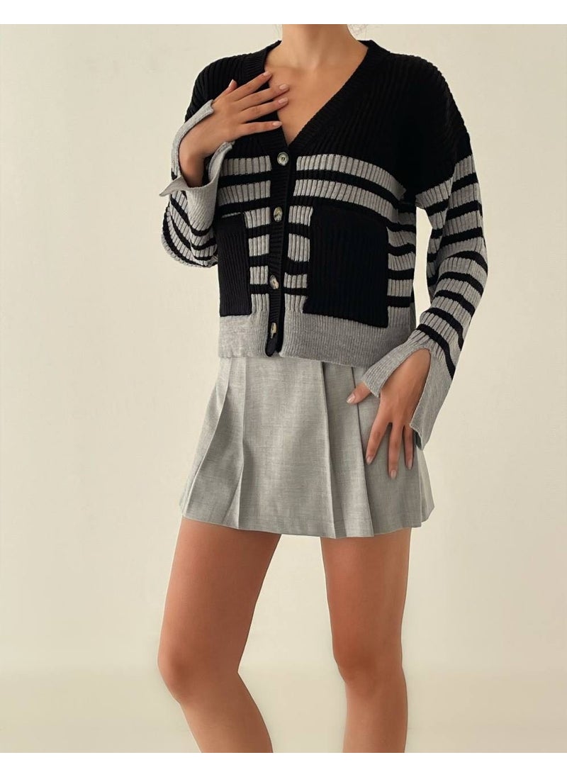 Striped Knitted Cardigan - Pocket and Sleeve Detail