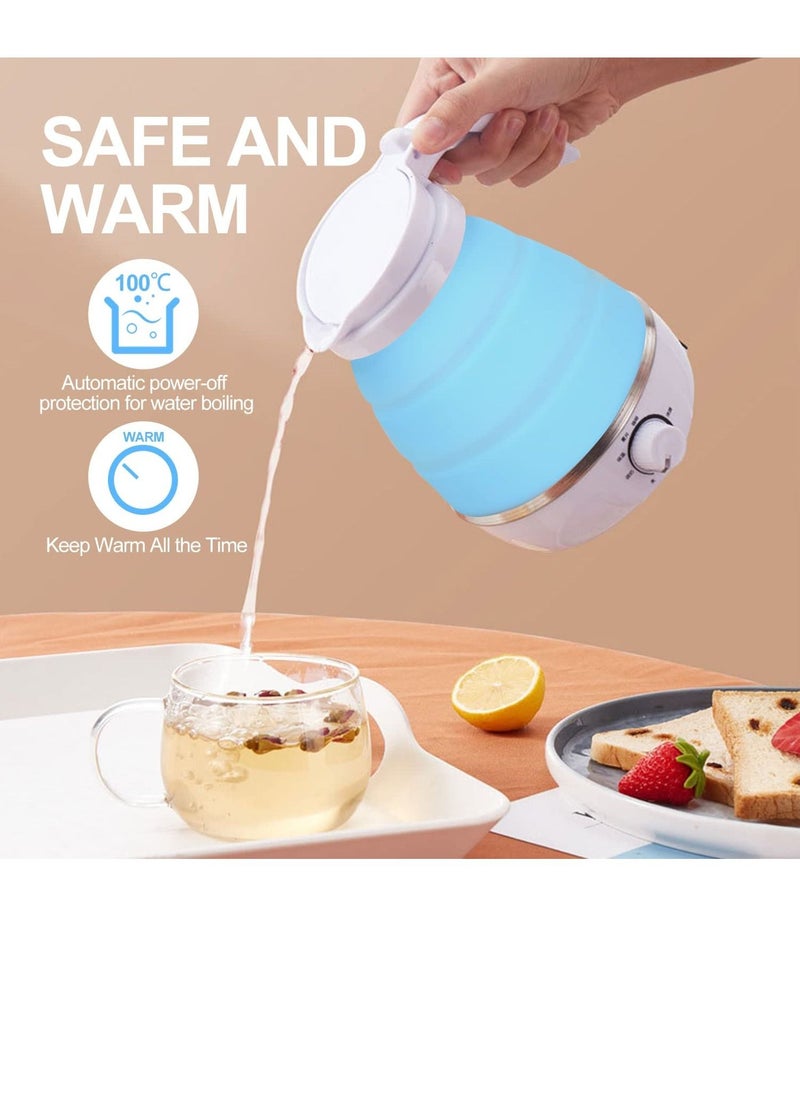 600ml Portable Folding Electric Kettle, Food Grade Silicone Kettle with Separable Power Cord, Mini Collapsible Water Container for Home Kitchen Outdoor (Blue)