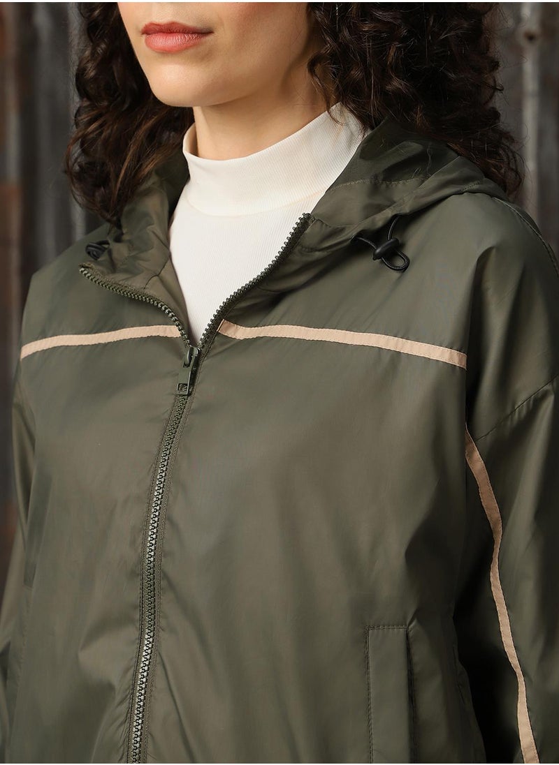 Women's Olive 100% Polyester Solid Oversized Jacket