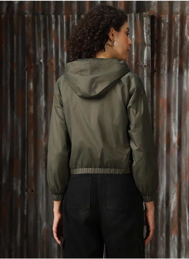 Women's Olive 100% Polyester Solid Oversized Jacket