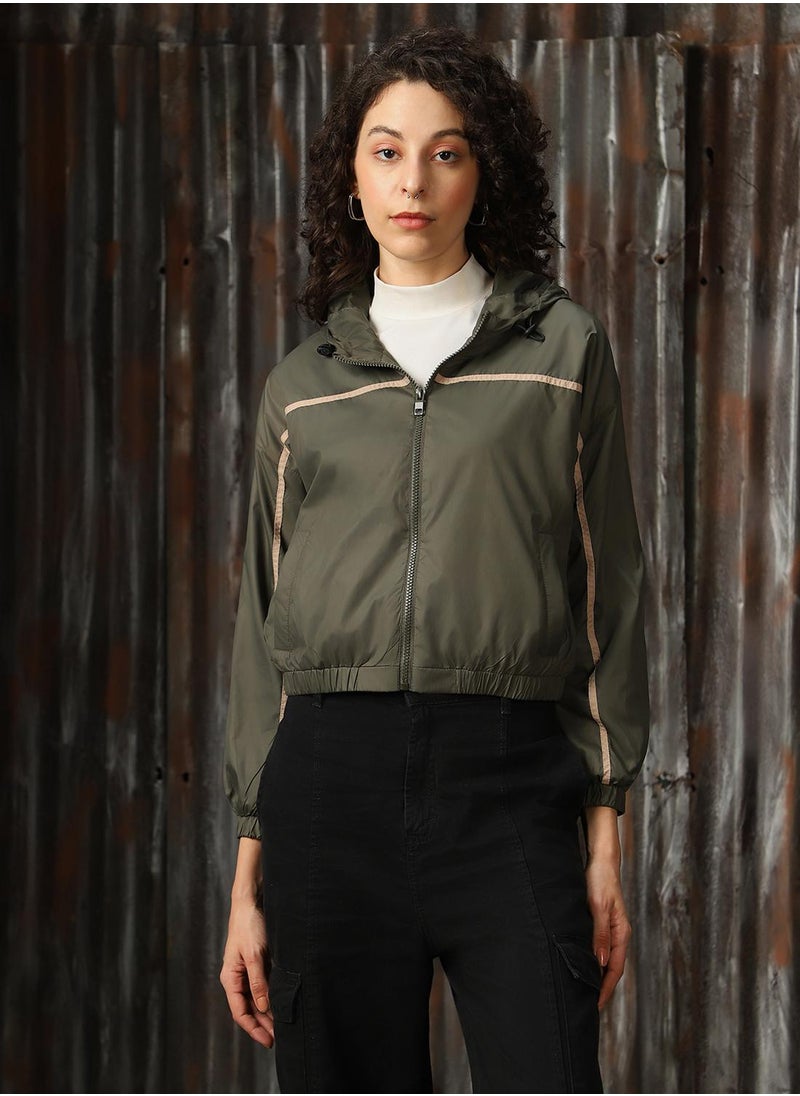 Women's Olive 100% Polyester Solid Oversized Jacket