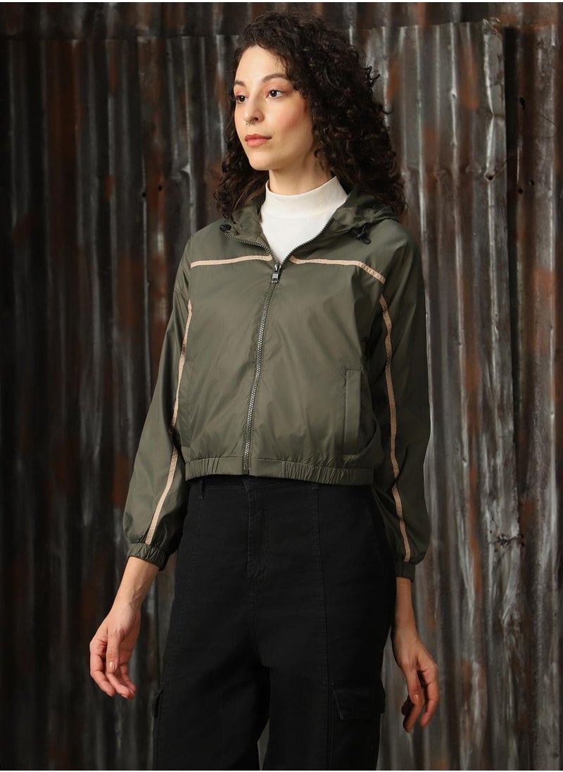 Women's Olive 100% Polyester Solid Oversized Jacket