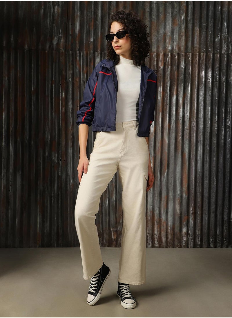 Women's Navy 100% Polyester Solid Oversized Jacket