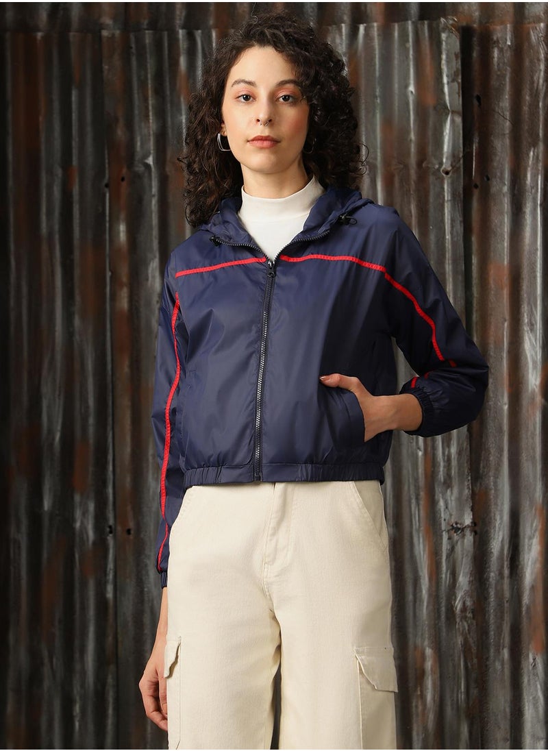Women's Navy 100% Polyester Solid Oversized Jacket