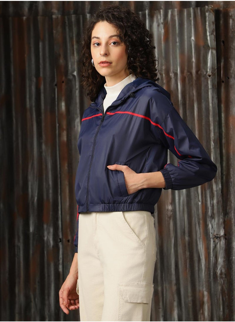 Women's Navy 100% Polyester Solid Oversized Jacket