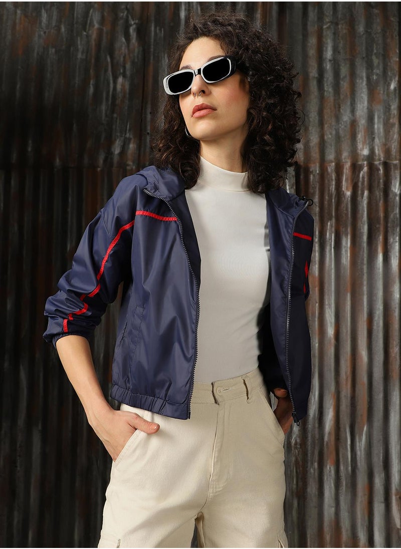 Women's Navy 100% Polyester Solid Oversized Jacket