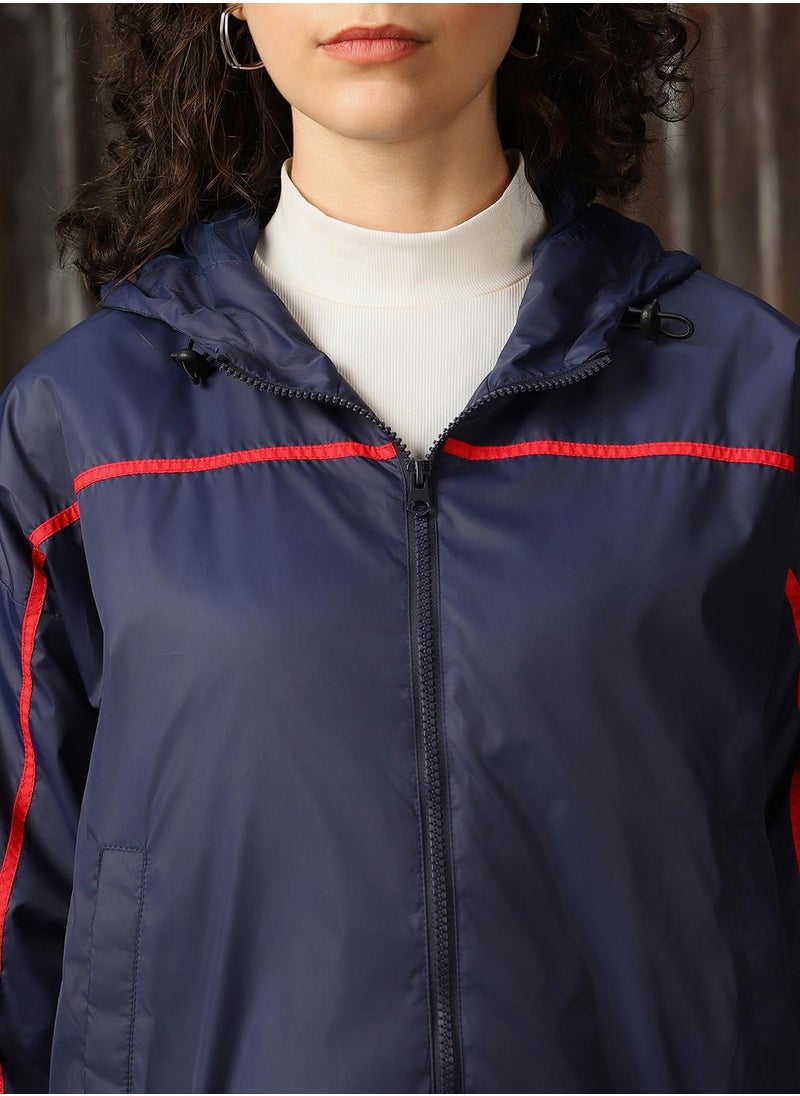 Women's Navy 100% Polyester Solid Oversized Jacket