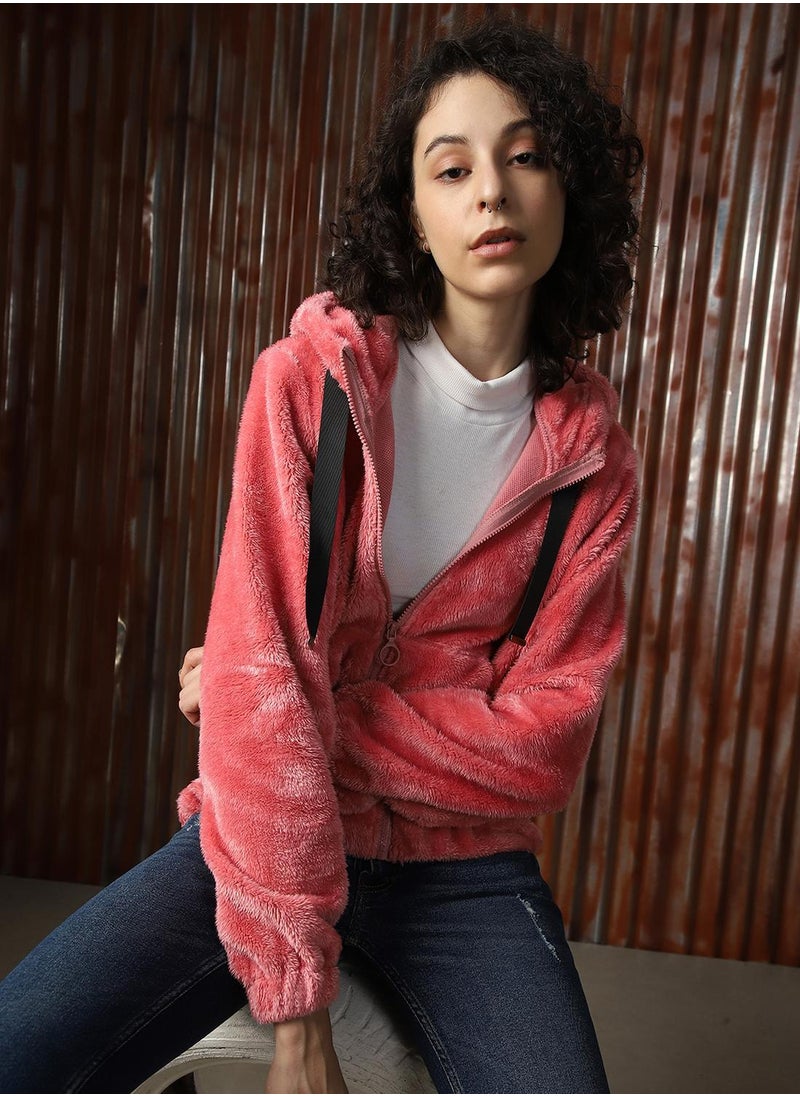 Women's Pink Foxfur Solid Jacket