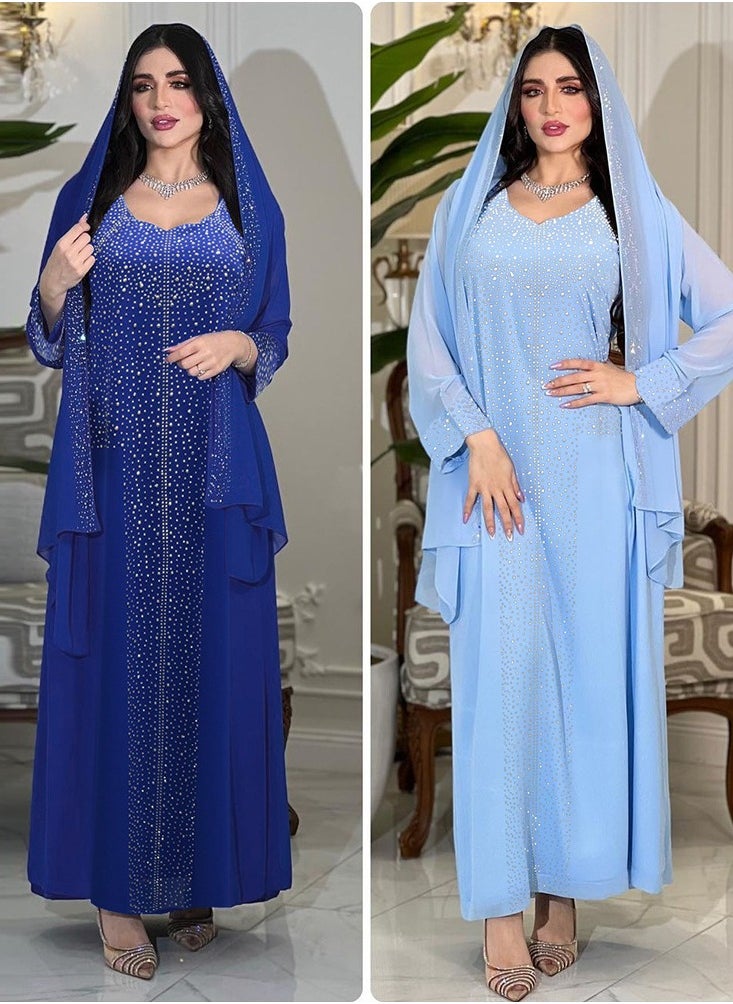 Shiny Sky Blue Sequin Chiffon Long Robe Gown for Evening Party(including headscarf)