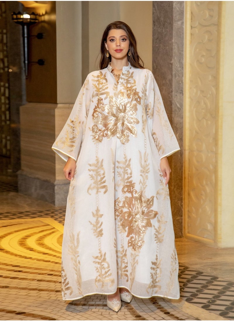 Fashionable New Design Golden Beaded Embroidery Chiffon Muslim Jalabiya Dubai White Abaya