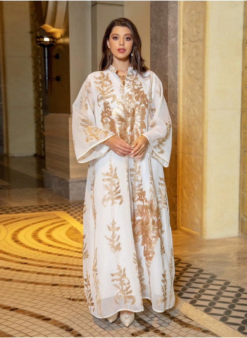 Fashionable New Design Golden Beaded Embroidery Chiffon Muslim Jalabiya Dubai White Abaya