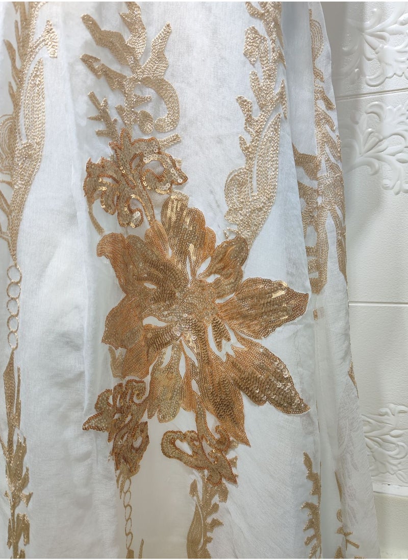 Fashionable New Design Golden Beaded Embroidery Chiffon Muslim Jalabiya Dubai White Abaya