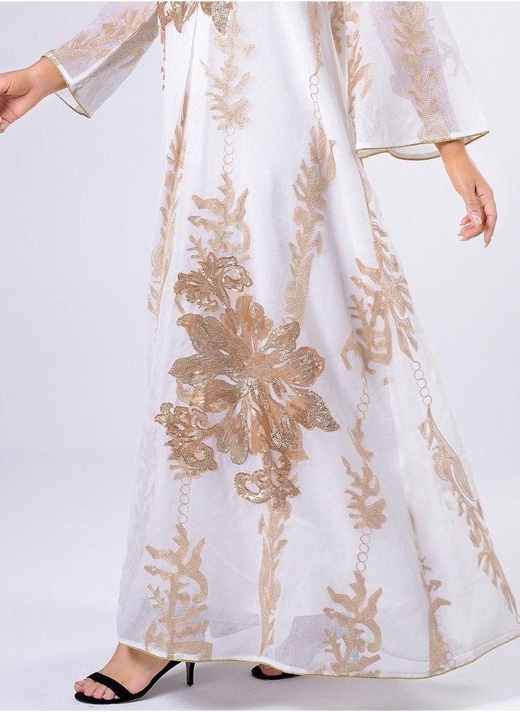 Fashionable New Design Golden Beaded Embroidery Chiffon Muslim Jalabiya Dubai White Abaya