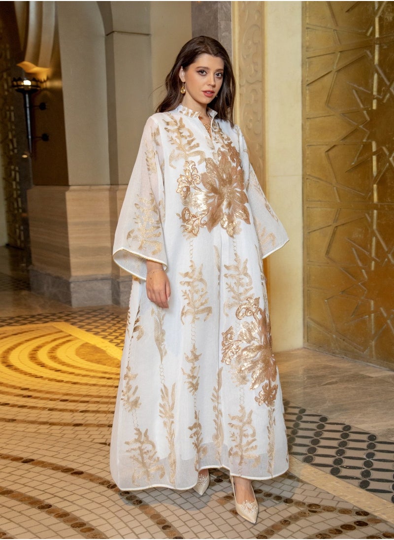 Fashionable New Design Golden Beaded Embroidery Chiffon Muslim Jalabiya Dubai White Abaya