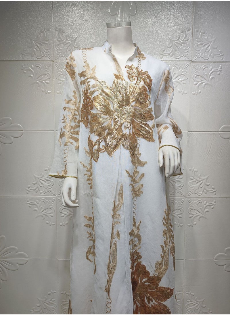 Fashionable New Design Golden Beaded Embroidery Chiffon Muslim Jalabiya Dubai White Abaya