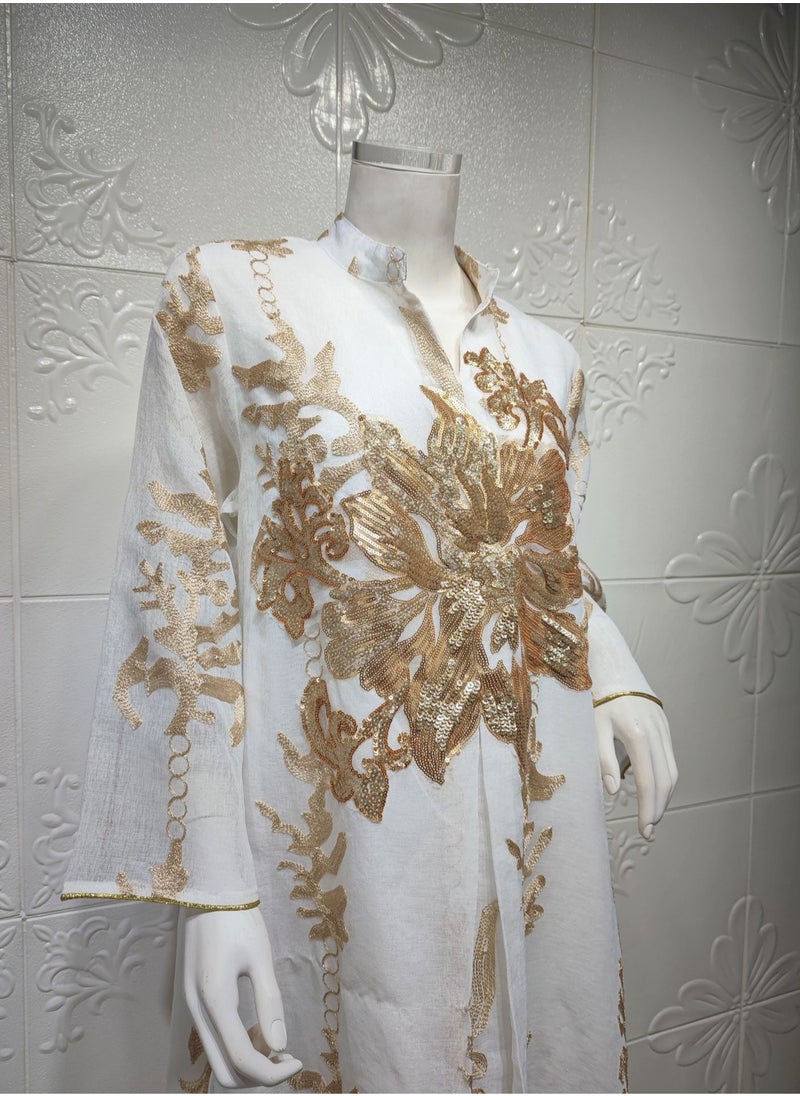 Fashionable New Design Golden Beaded Embroidery Chiffon Muslim Jalabiya Dubai White Abaya