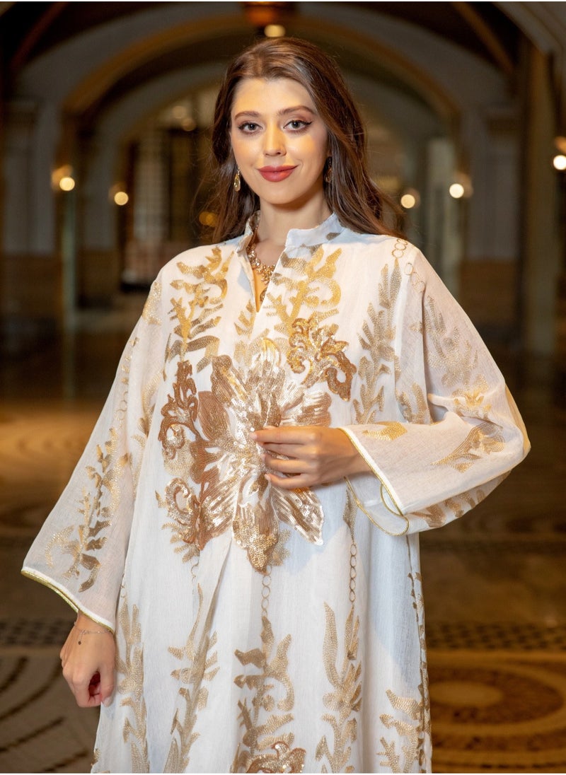 Fashionable New Design Golden Beaded Embroidery Chiffon Muslim Jalabiya Dubai White Abaya