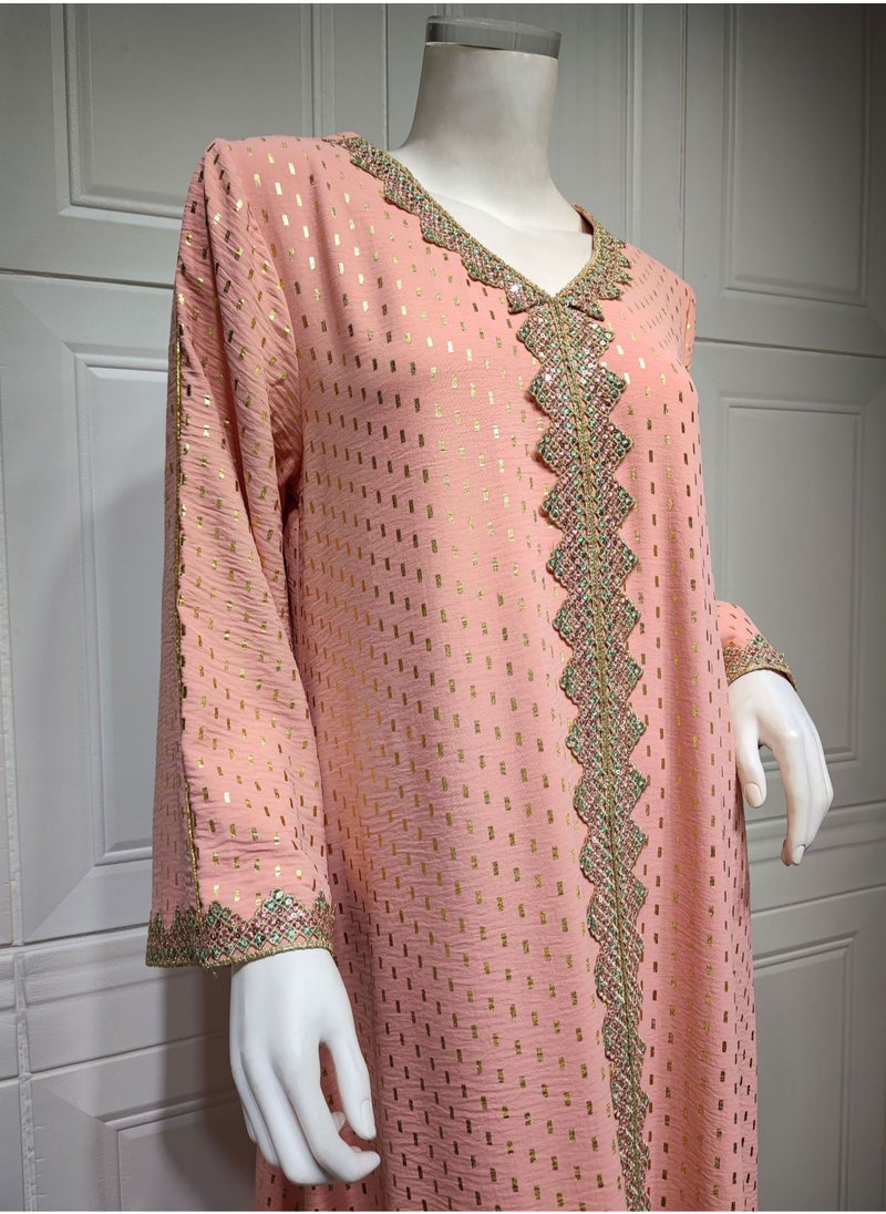 Fashionable New Pink Gold Stamped Muslim Dubai abaya Jalabiya